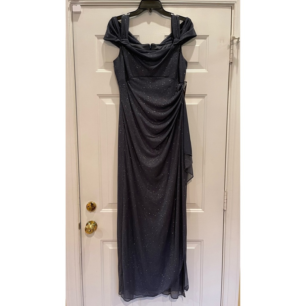 Cold Shoulder Glitter Mesh Dress with Draped Skirt & Cowl Neckline